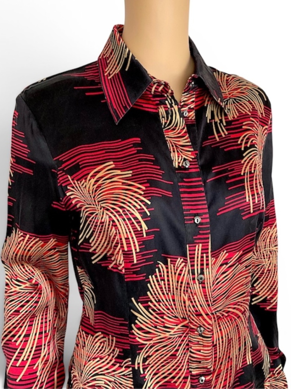 Silk Black Red Print Button Up Shirt Fitted Size 4